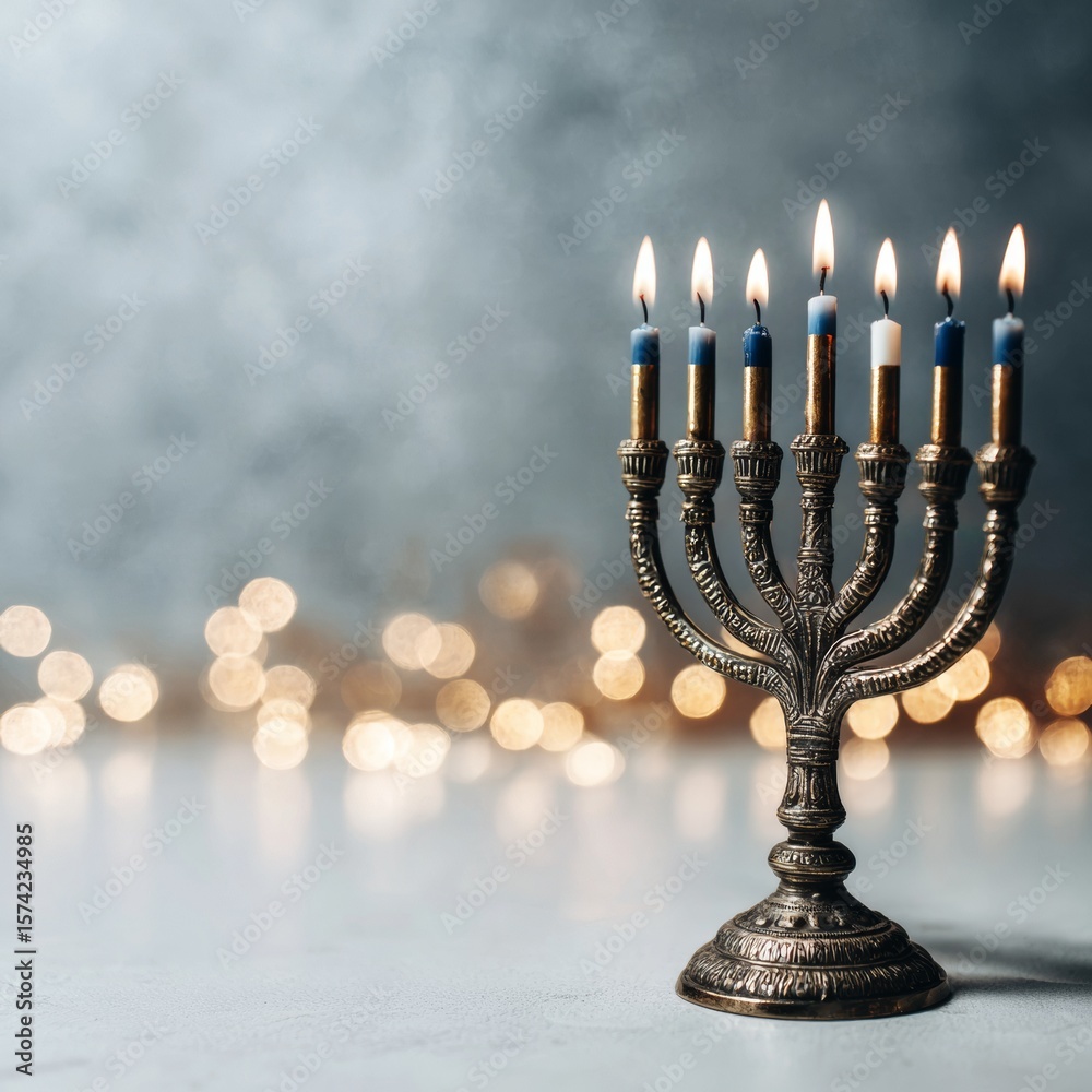 Fototapeta premium Elegant Menorah with Candles on Table Against Blurred Background