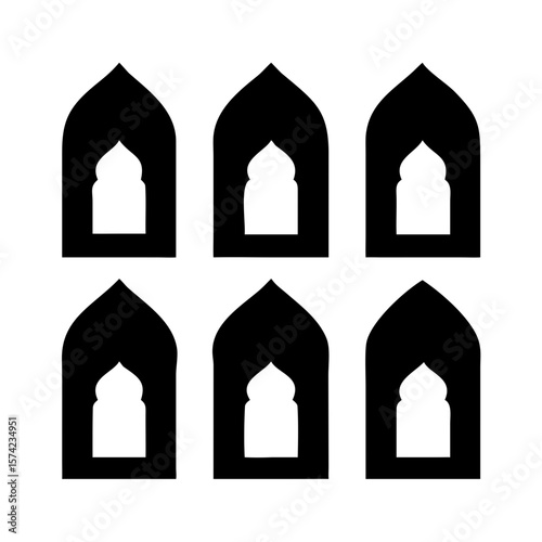 Islamic prayer niche and arched window silhouette mosque