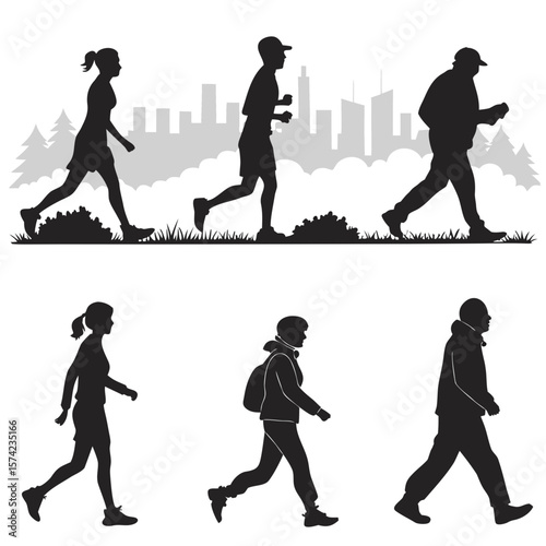 Diverse people walking running city park silhouettes