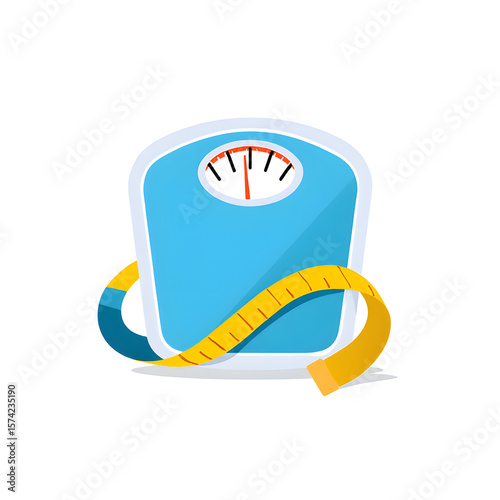 Weight Loss and Health Balance: A bright, modern illustration of a classic bathroom scale, encircled by a flexible measuring tape, evokes the concepts of health, fitness, and balanced living.