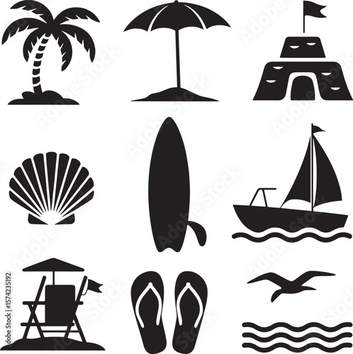 Tropical beach vacation icons palm tree umbrella sandcastle seashell surfboard sailboat lifeguard chair flip