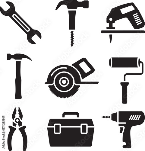 Assorted black construction and repair tools wrench hammer