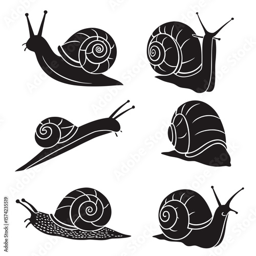 Six black snail and slug silhouettes in various poses