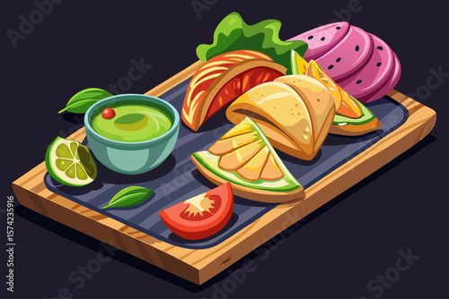 vector of Pastel Brazilian snack with decorated pieces on a black cutting board.
