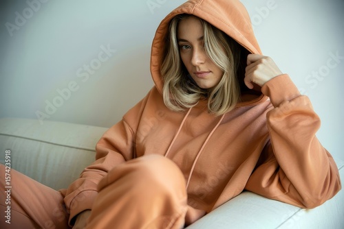 A young woman sits on a couch wearing an orange hoodie