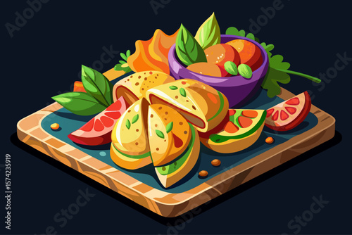 vector of Pastel Brazilian snack with decorated pieces on a black cutting board.