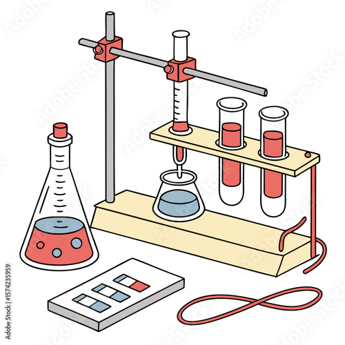 Laboratory equipment with red liquid and blue solution science experiment