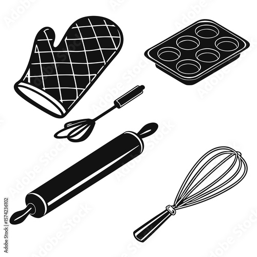 Baking Utensils Collection Oven Mitt Rolling Pin Whisk Muffin Pan kitchen cooking