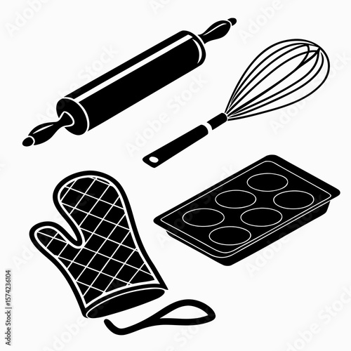 Black silhouettes of baking tools including rolling pin whisk oven mitt and muffin tin