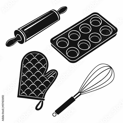 Black silhouettes of baking tools including rolling pin whisk muffin tin and oven mitt
