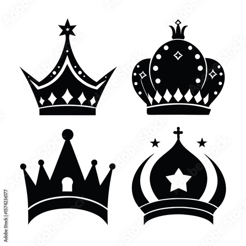 Four black crown silhouettes with decorative elements white royal