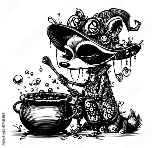 Whimsical Raccoon Wizard Mixing Potion in Enchanted Cauldron Illustration