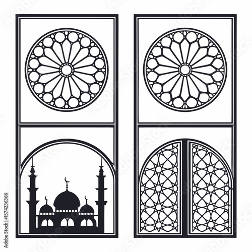 Islamic geometric window designs mosque archway vector