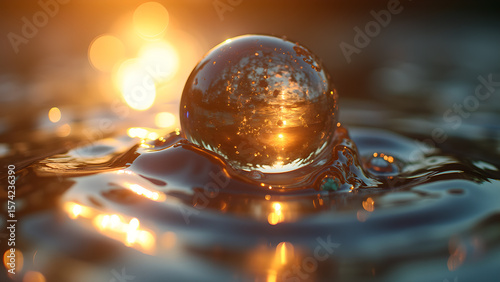 Captivating reflection of light in a glass sphere resting on rippling water creating a magical effect