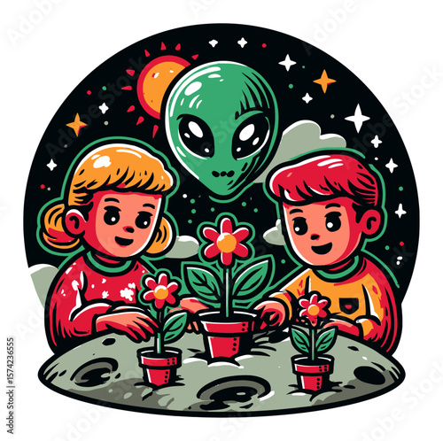 Cute Cartoon Aliens Gardening on Another Planet in a Vibrant Scene