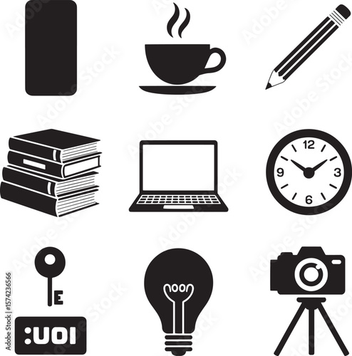 Collection of diverse icons representing everyday objects and concepts phone coffee