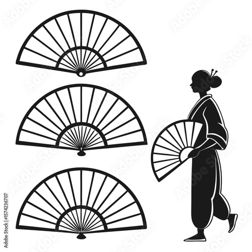 Asian woman with fans traditional clothing