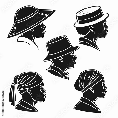 Diverse headwear silhouettes profile views heads profiles