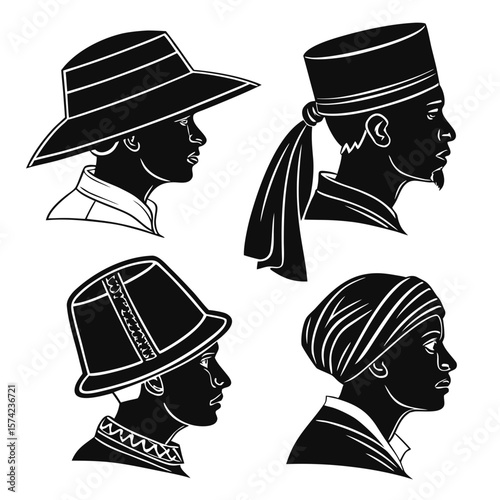 Diverse male headwear styles black and white silhouette