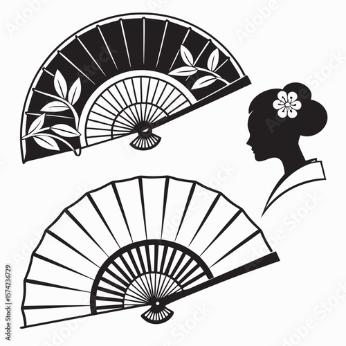 Asian fans and geisha silhouette traditional fan black and white