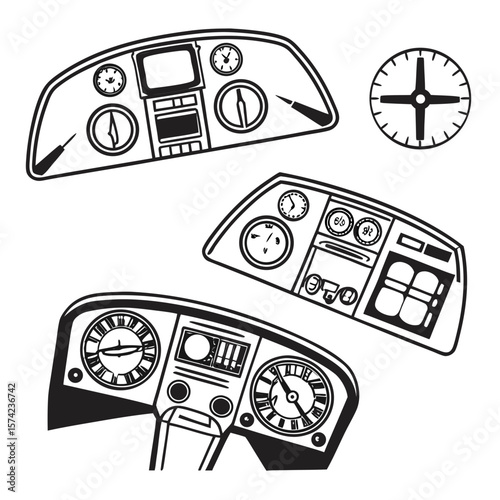Airplane cockpit instrument panels and compass instruments gauges