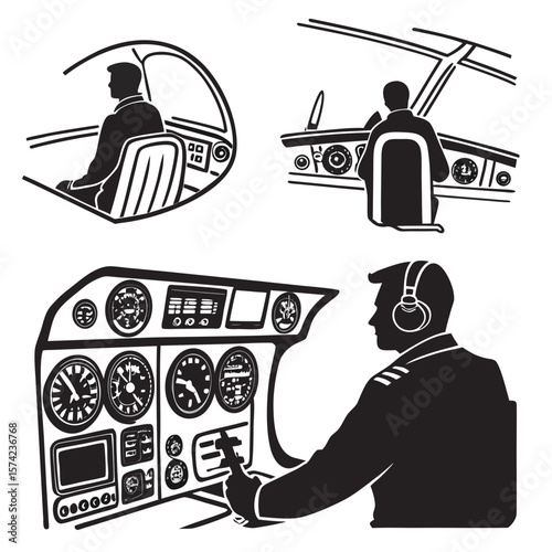 Pilots in aircraft cockpits with instruments and controls airplane aviation