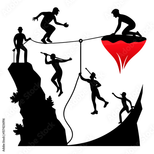 Five climbers ascending rocky peaks connected by ropes climbing mountaineering