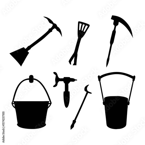 Farm tools hoe sickle ax and shovel silhouettes agriculture