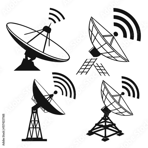 Black satellite dishes and antennas transmitting signals transmission communication