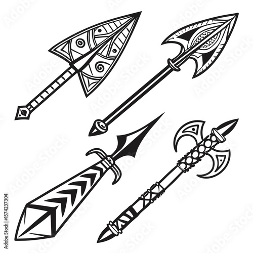 Tribal ancient weaponry collection black and white arrowhead spear