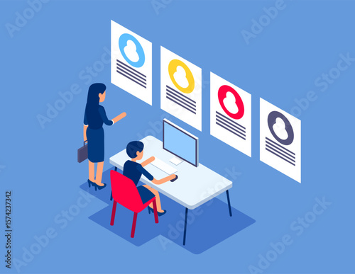 Recruitment, resume screening. Flat isometric vector concept