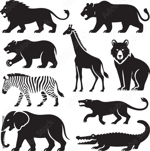 Diverse African animals in silhouette lion tiger