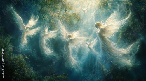 Female archangels descending in graceful spirals over an ancient forest, light filtering through their wings