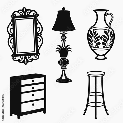 Ornate mirror table lamp vase chest stool silhouettes chest of drawers
