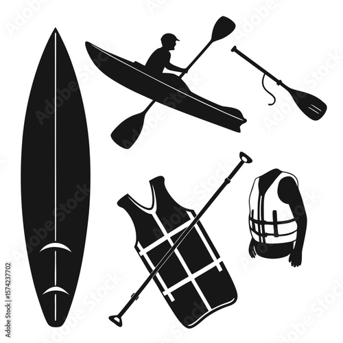 Black water sport equipment silhouettes kayak paddle