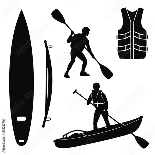 Kayaking and paddleboarding gear and action silhouettes
