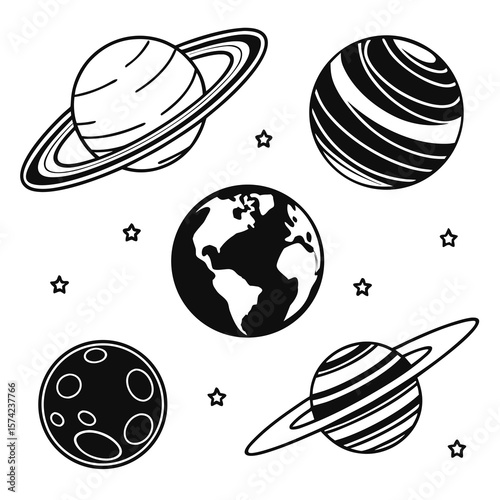 Celestial bodies and stars graphic icons space planets