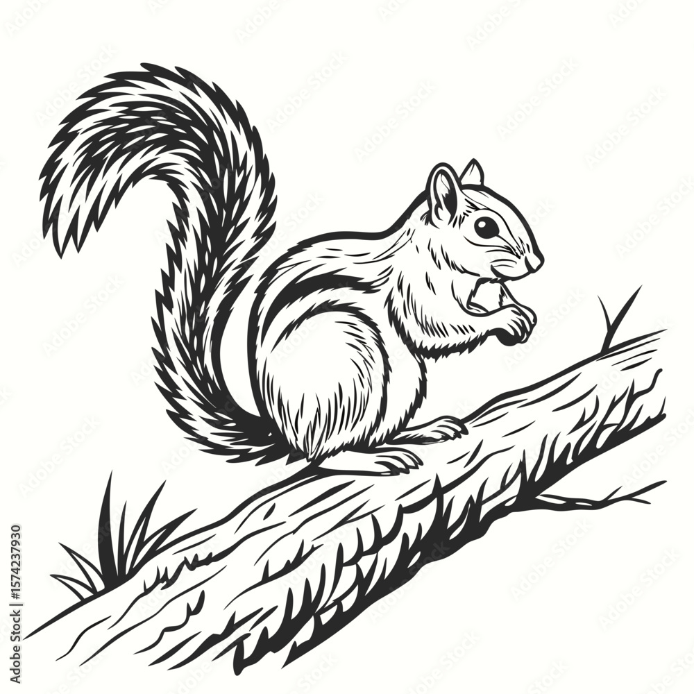 Fototapeta premium Striped squirrel eating on a branch rodent animal