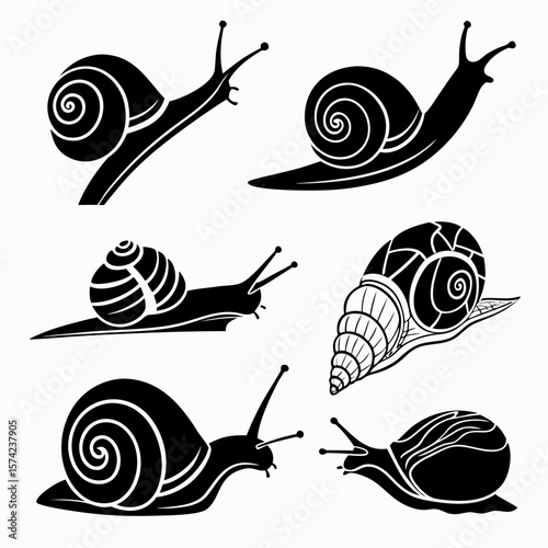 Six black snail and slug silhouettes in various poses white