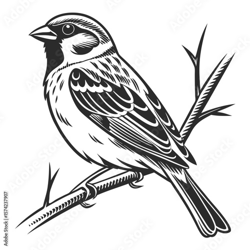 Black and white sparrow perched on branch bird