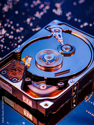 Industrial-themed photography showcasing the inner workings of hard drives in abstract compositions.