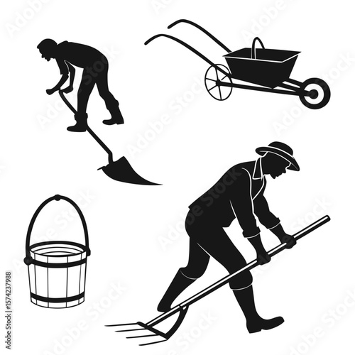 Farmers working with tools and equipment pitchfork shovel