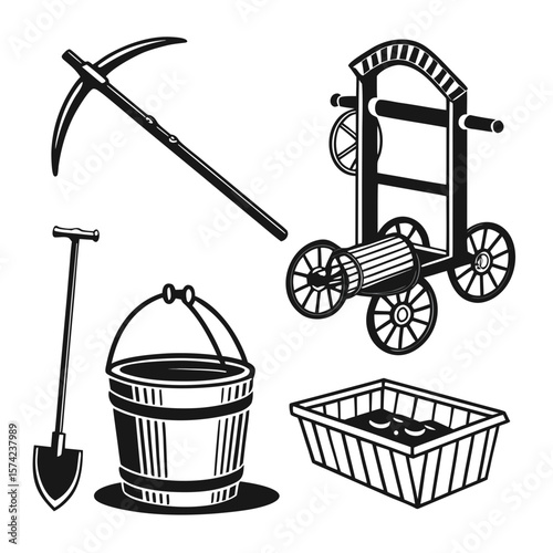 Vintage farming tools and equipment collection sickle