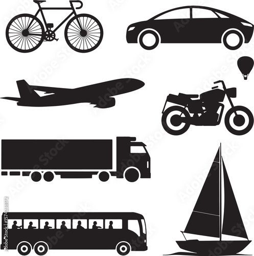 Diverse transportation vehicles and modes of travel bicycle airplane