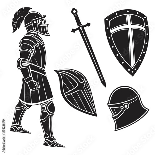 Knight armor set with sword and shields helmet