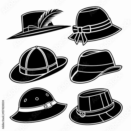 Black Silhouette Collection of Diverse Traditional Headwear Styles hats silhouettes