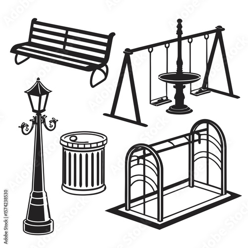 Black and white park elements bench swings lamp trash bin park bench swing set