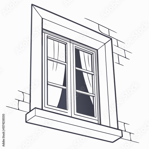 Ornate window with curtains on white background architectural