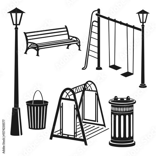Black park elements including bench swings lamp and trash bin lamp post trash can