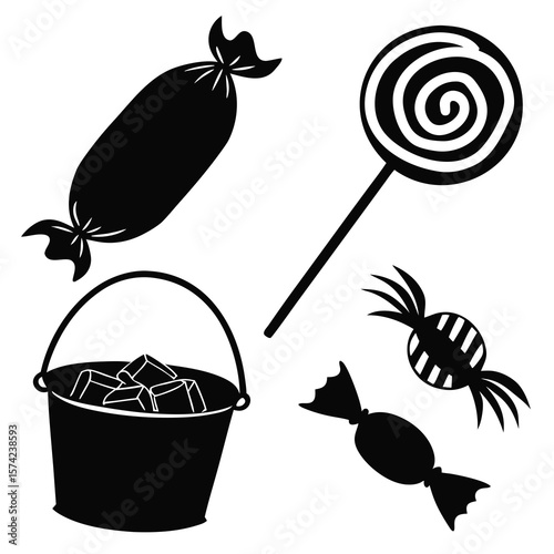 Halloween candy collection bucket lollipop wrapped treats vector